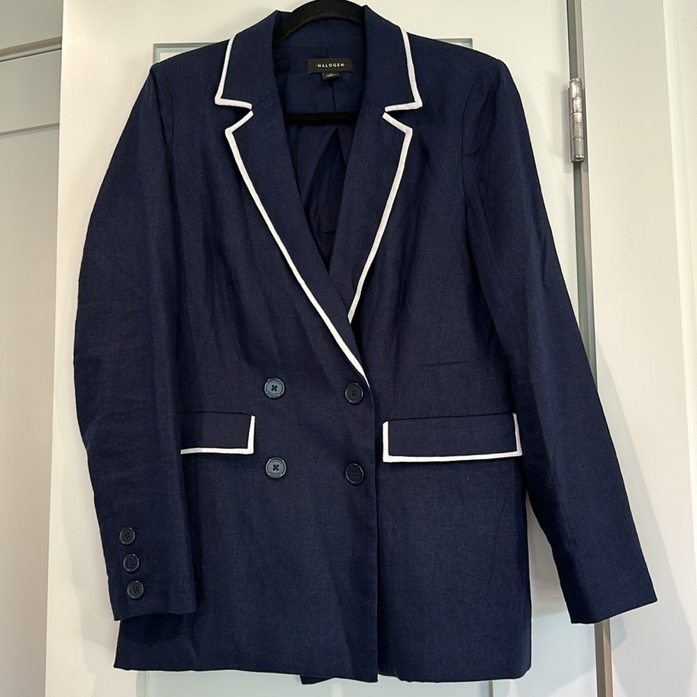 Halogen Double Breasted Navy Blazer with White Trim size M